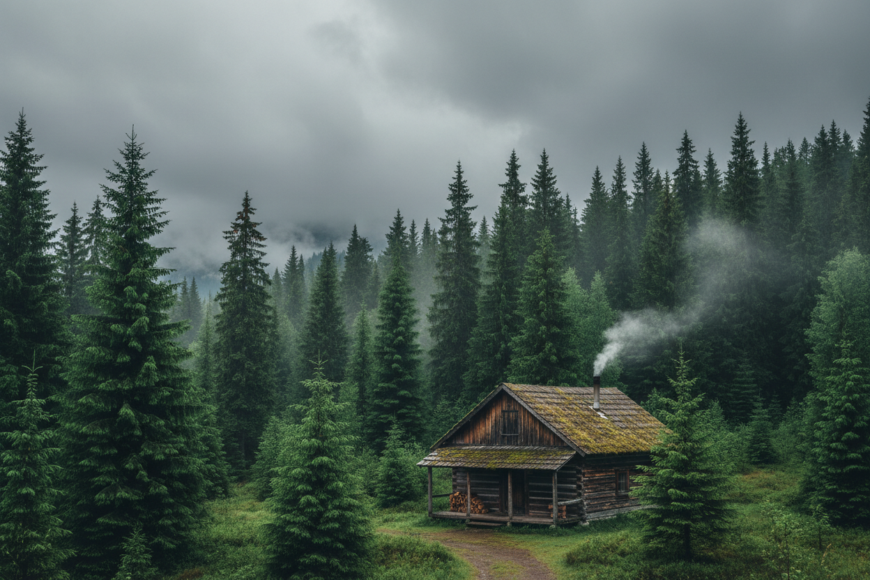 make a cabin in the forest, gloomy day, green full pine trees on a gloomy day
