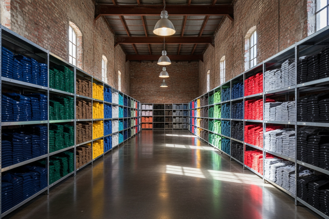  warehouse with concrete floors, and brick walls full of metal racks of t-shirts